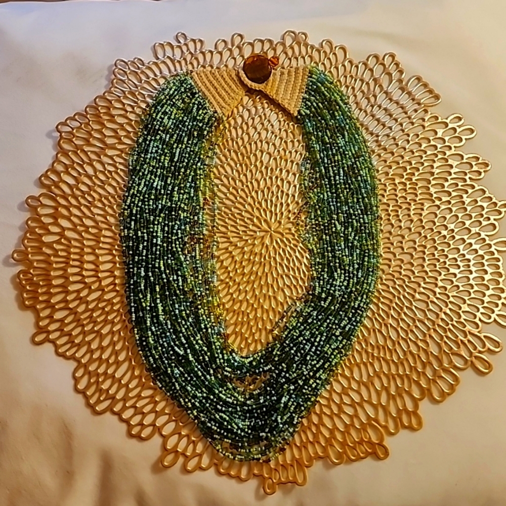 Necklace multilayered,small blue,green, and brown beads